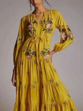 Samant Chauhan Anthropologie Embroidered V-Neck Maxi Dress Size L $250